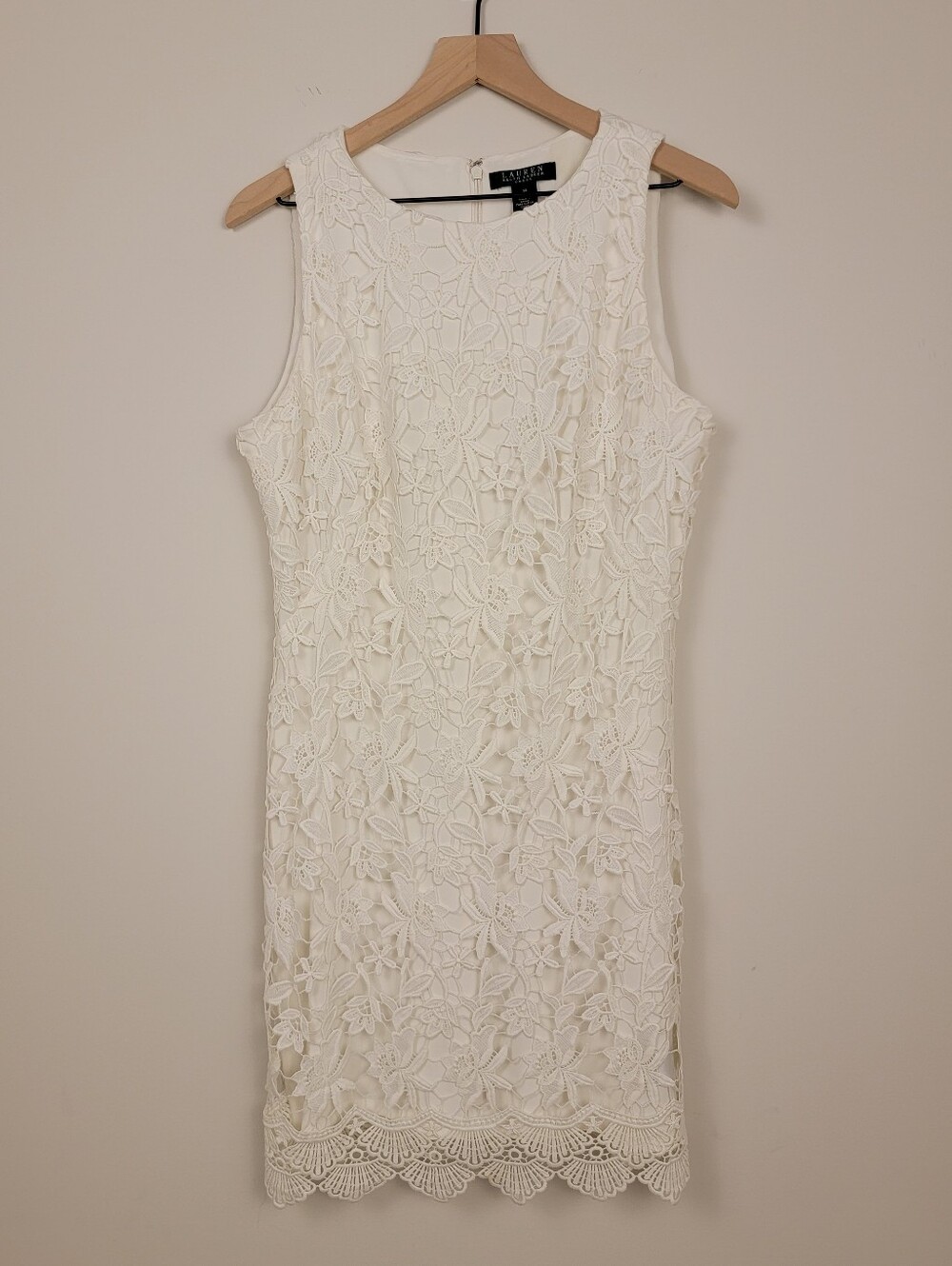 Lauren Ralph Lauren White Floral Lace Overlay Sheath Dress Cocktail 14